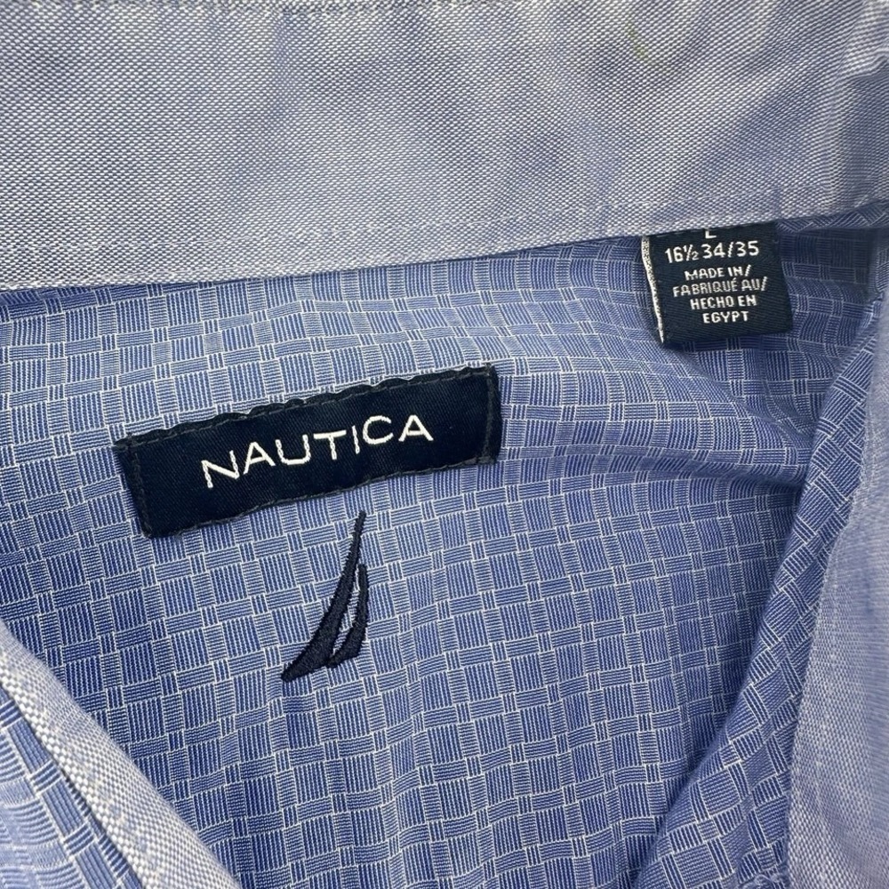 Nautica Mens Blue Micro Check Button Down Shirt Large Business Casual Preppy - Picture 3 of 8